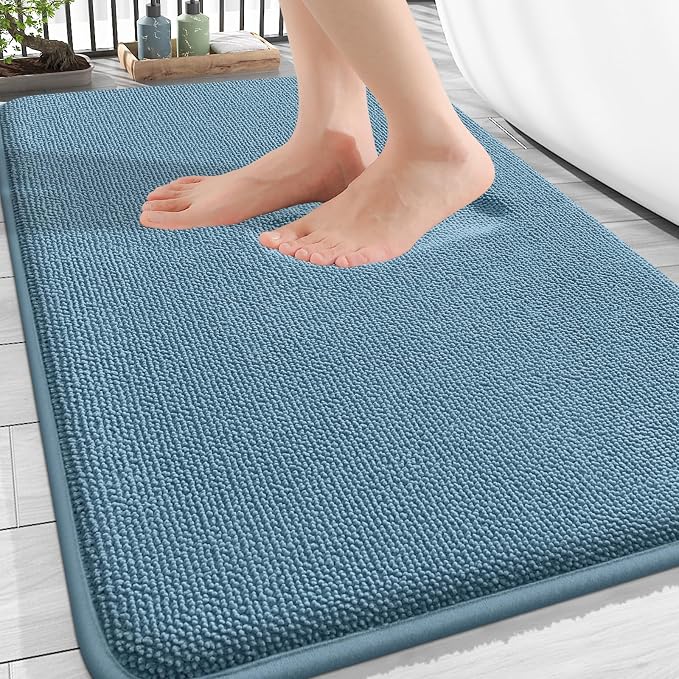 OLANLY Thick Memory Foam Bathroom Rugs 30x20, Absorbent Bath Mat, Airy Blue | Soft Quick Dry Bath Rugs, Non-Slip, Machine Washable Carpet for Bathroom Floor, Tub and Shower, Home Decor Accessories