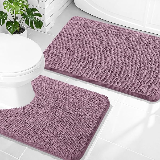OLANLY Chenille Bathroom Rugs Mats Sets 2 Piece, 30"x20"+24"x20", Deep Plum | Soft Absorbent Bath Mat and U-Shaped Contour Toilet Rug Set, Quick Dry, Machine Washable Bath Carpet, Home Decor Accessories