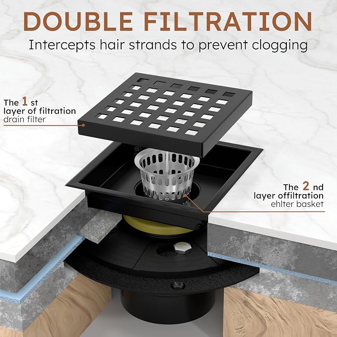 4 Inch Square Black Shower Drain Kit with Flange & Lifting Hook, Modern Floor Drain with Removable Quadrato Pattern Grate, Stainless Steel SUS 304 (Matte Black, 4 Inch)