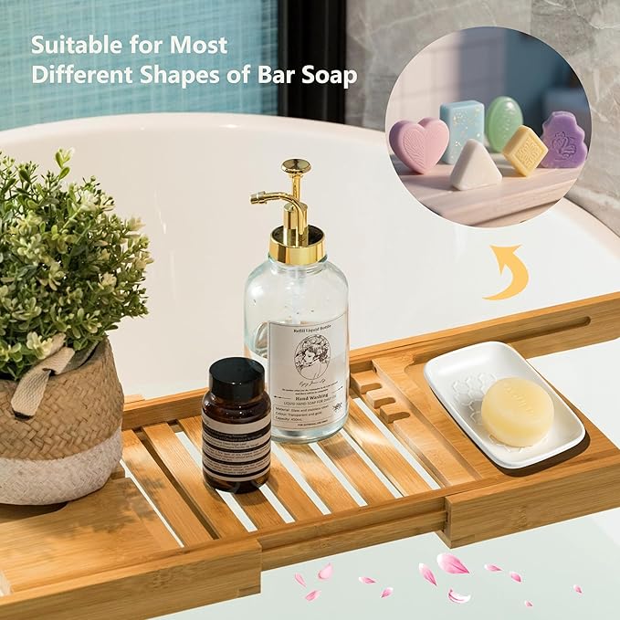 Gomakren Soap Dish for Shower, Ceramic Bar Soap Holder with Honeycomb Design, Soap Saver Tray for Bathroom Kitchen Sink, Sponge & Organizer Tray, Upscale Look, 5.5 Inch, White