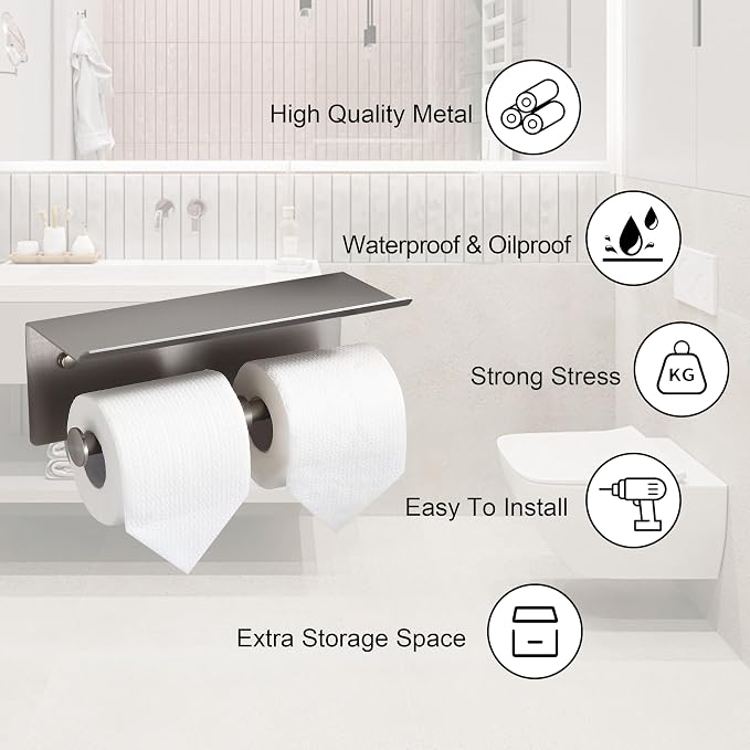 Brushed Nickel Toilet Paper Roll Holder with Shelf Wall Mounted for Bathroom (Brushed Nickel, Double Head)