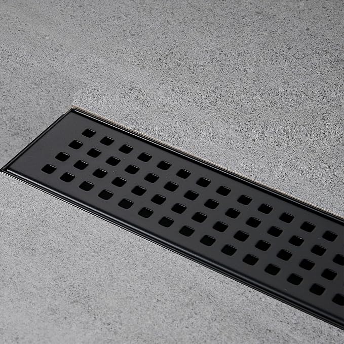 AVSIILE Linear Shower Floor Drain, Matte Black 12 Inch 304 Stainless Steel Bathroom Drains Kit, Long Rectangular Shower Trench Drain with Square Pattern Drain Cover & Hair Catcher