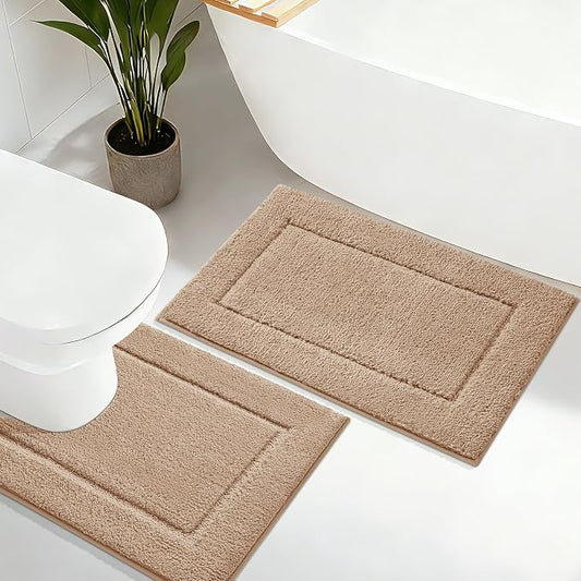 Bathroom Rugs Sets 2 Pieces, Ultra Soft Thick Plush Fluffy Microfiber Absorbent Bath Mat, Non-Slip Backing, Machine Washable Bath Mats for Bathroom, Tub and Shower (24"x17" + U Shape 24"x20", Brown)