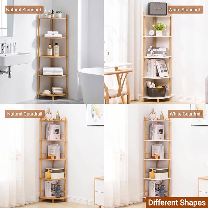 4-Tier Expandable Bamboo Corner Shelf Stand,Corner Bookshelf, Display Storage Shelves with Open Shelves, for Organization and Storage, Living Room, Home Office, Garage (White, 4-Tier WithRail)