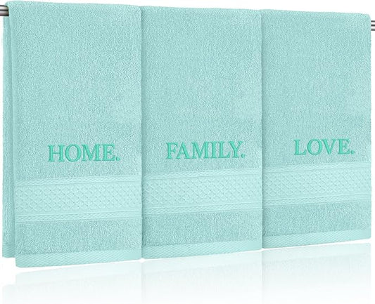 3 Pcs Hand Towels Bathroom Set,Aqua,Home Love Family | Embroidered Cotton Farmhouse Towels, Kitchen Decor, Rustic Boho Decorative with Text Labels, Guest Bath Home