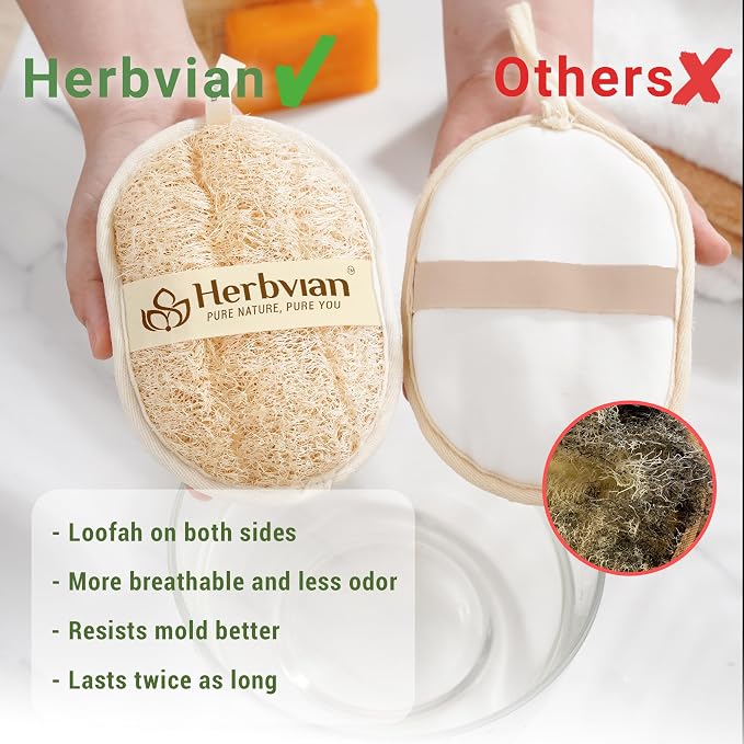 Natural Loofah Exfoliating Body Scrubber Pads for Bath and Shower | Made from 100% plant-based Vietnamese loofah to exfoliate and cleanse skin during baths and showers.