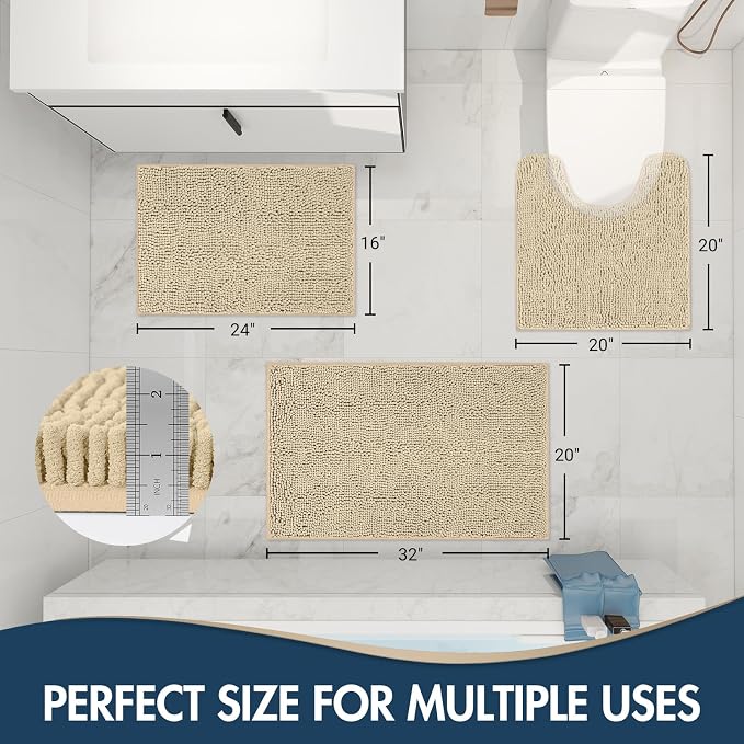 TREETONE Bathroom Rugs Sets, Thick Soft Absorbent 3 Piece Chenille Bath Rugs, Non-Slip, Dry Quickly, Machine Washable, Shaggy Mats with U-Shaped Toilet Rug for Bathroom Floor, Tub and Shower, Beige