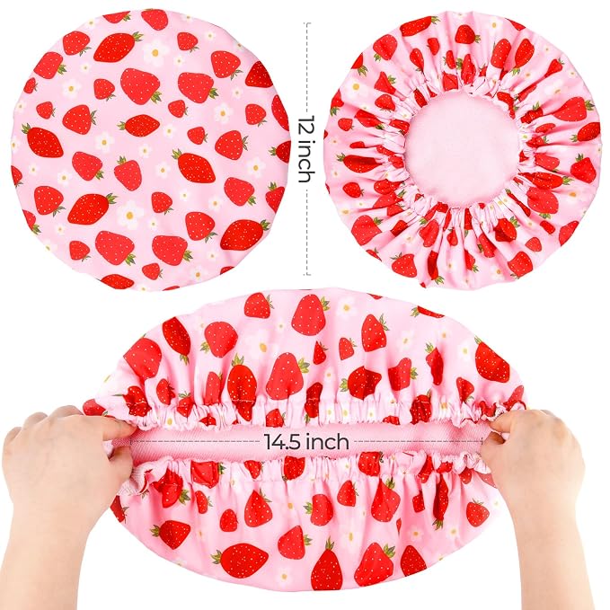 Shower Cap for Women Terry Lined Bath Cap Large Reusable Waterproof Elastic Band Pink Strawberry Shower Caps for Long Thick Hair Soft Bath Shower Hair Caps