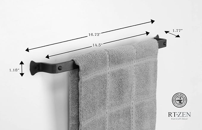 RTZEN Farmehouse Bathroom Towel Holder - Wrought Iron Matte Metal Black Towel Bar Wall Mount Rod - Handmade Home Decor Metal Kitchen Hanger Bar (17'' - Fits 14 Inch Towels)