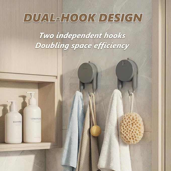 Strong Suction Cup Hooks for Shower, Bathroom, Kitchen, Heavy Duty Hangers for Door Wreaths, Robe, loofah, Towel, Utensils, Removable Wall Hooks for Tile, Glass, Mirror (2 Pack-Gunmetal)
