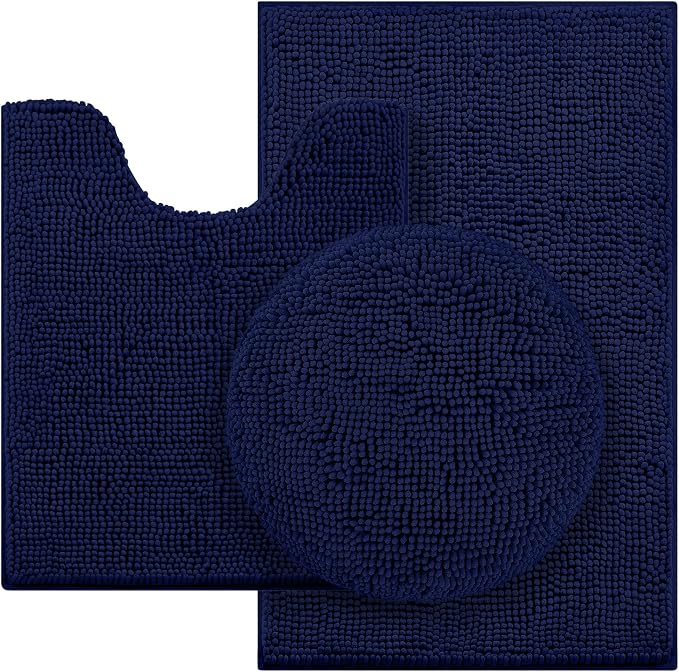 HOMEIDEAS 3 Pieces Navy Blue Bathroom Rugs Set, Ultra Soft Non Slip Bath Rug and Absorbent Chenille Bath Mat, Includes U-Shaped Contour Rug, Bath Mat and Toilet Lid Cover, Perfect for Bathroom, Tub