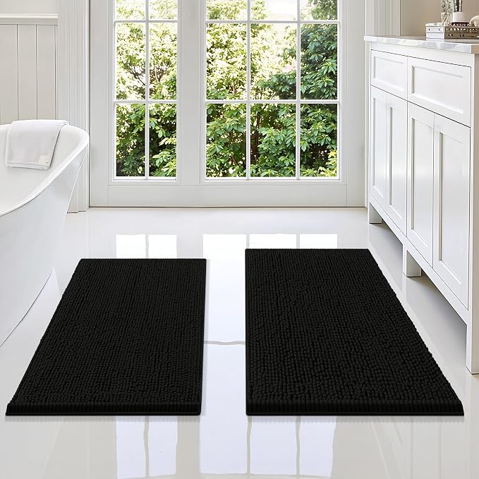 Smiry Chenille Bathroom Rugs Sets 2 Piece (34x21+30x20, Black) | Soft Absorbent Machine Washable Non Slip Shaggy Bath Rug Set for Tub, Shower, and Floor, Home Decor