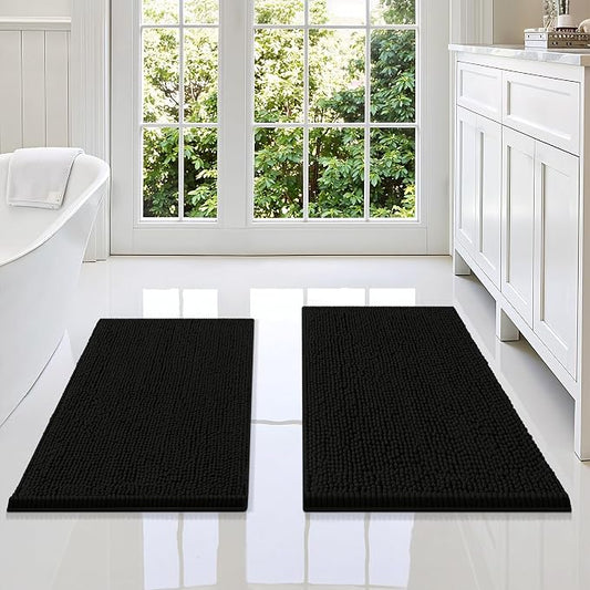 Smiry Chenille Bathroom Rugs Sets 2 Piece (34x21+30x20, Black) | Soft Absorbent Machine Washable Non Slip Shaggy Bath Rug Set for Tub, Shower, and Floor, Home Decor