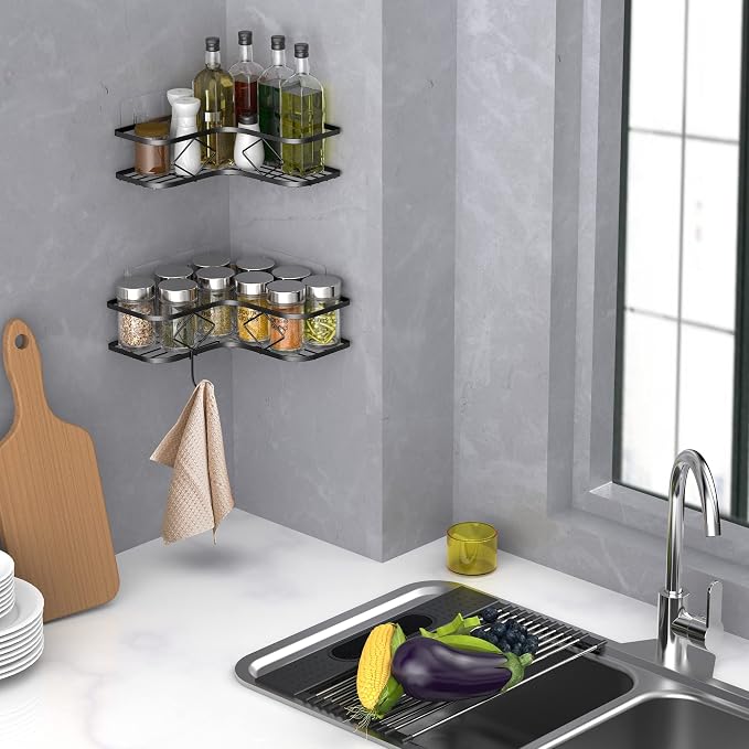Large Corner Shower Caddy, 2 Pack Adhesive Bathroom Shower Organizer Shelves, No Drilling Rustproof Wall Mounted Shower Storage Basket Shampoo Holder Organizer (Black)