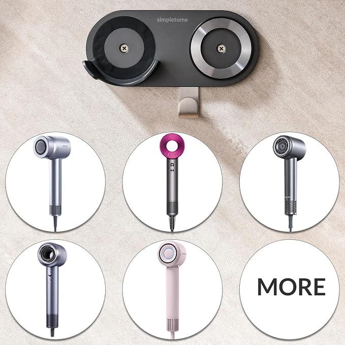 simpletome Hair Dryer Holder Wall Mount for All Magnetic High Speed Blow Dryer with Plug Cord Organizer Hook (Aluminum Alloy, Grey)