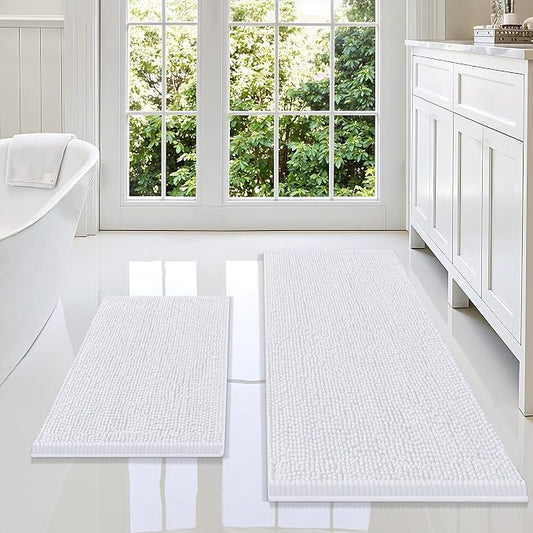 Smiry Chenille Bathroom Rugs Sets 2 Piece (47x17+24x16, White) | Soft Absorbent Machine Washable Non Slip Shaggy Bath Rug Set for Tub, Shower, and Floor, Home Decor