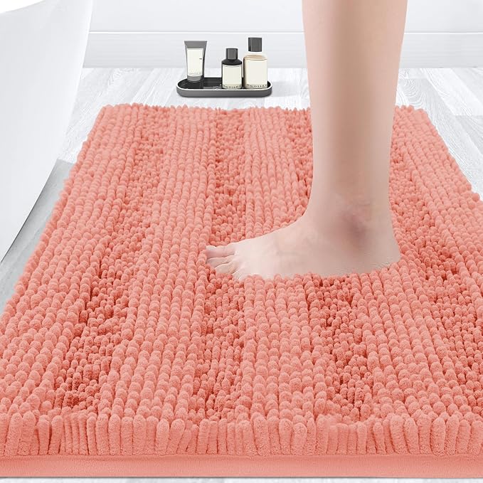 ACCUMTEK Solarei Striped Coral Bathroom Rug Mat 36"x24" Ultra Soft, Non Slip Chenille Bath Rugs, Absorbent Plush Shaggy Bath Mats for Bathroom, Bedroom, Kitchen, Shower, Tub