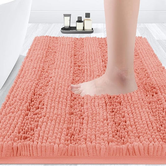 ACCUMTEK Solarei Striped Coral Bathroom Rug Mat 36"x24" Ultra Soft, Non Slip Chenille Bath Rugs, Absorbent Plush Shaggy Bath Mats for Bathroom, Bedroom, Kitchen, Shower, Tub