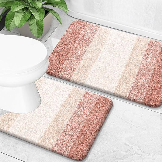 OLANLY Micorfiber Bathroom Rug Set 2 Piece, 24"x16"+U-Shaped 24"x20" | Peach, Soft Absorbent Bath Mats and Contour Toilet Rug, Non-Slip, Machine Wash Dry, Plush Shaggy Bath Mats for Bathroom