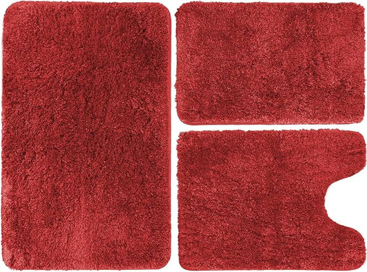 Bathroom Rug Mat Set 3 Piece, Extra Soft Absorbent Microfiber Bath Rugs, Rubber Backing, Quick Dry, Machine Washable Bath Mats for Bathroom Floor, Tub and Shower, Home Decor Accessories, Red
