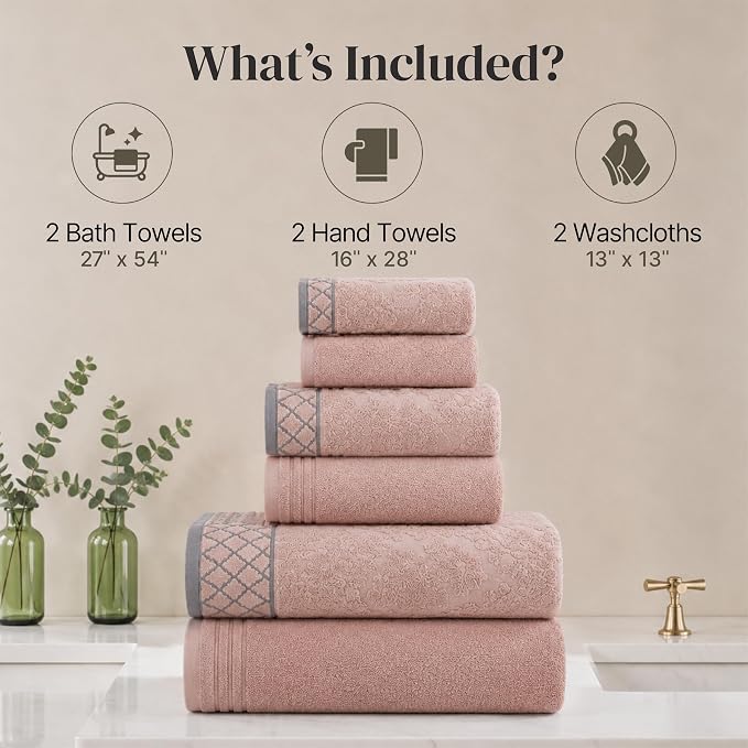 Modern Threads 6 Piece Cotton Bath Towel Set – Ultra Soft 550 GSM Towels – Bathroom Set with Hand Towels and Washcloths – Diamond Border (Blush)