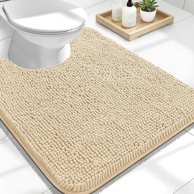 OLANLY Toilet Rugs U-Shaped 24x20, Soft Absorbent Chenille Contour Rugs | Beige, Quick-Drying Rubber Backing, Machine Washable Non-Slip Shaggy Bathroom Mat for Toilet, Home Decor Accessories