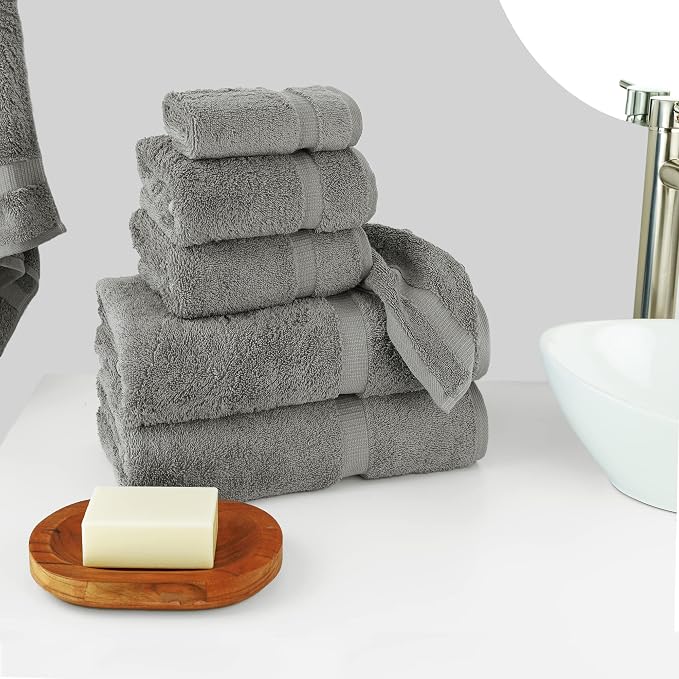 Chakir Turkish Linens 100% Cotton 6-Piece Towel Set, Gray | 100% cotton 6-pc set, OEKO-TEX certified: 2 bath 27x54, 2 hand 16x30, 2 washcloths 13x13
