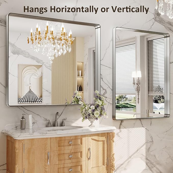 LOAAO 40X36 Inch Brushed Nickel Bathroom Mirror | Rounded Rectangle, Silver Metal Frame, Anti-Rust, Tempered Glass, Hangs Horizontally or Vertically