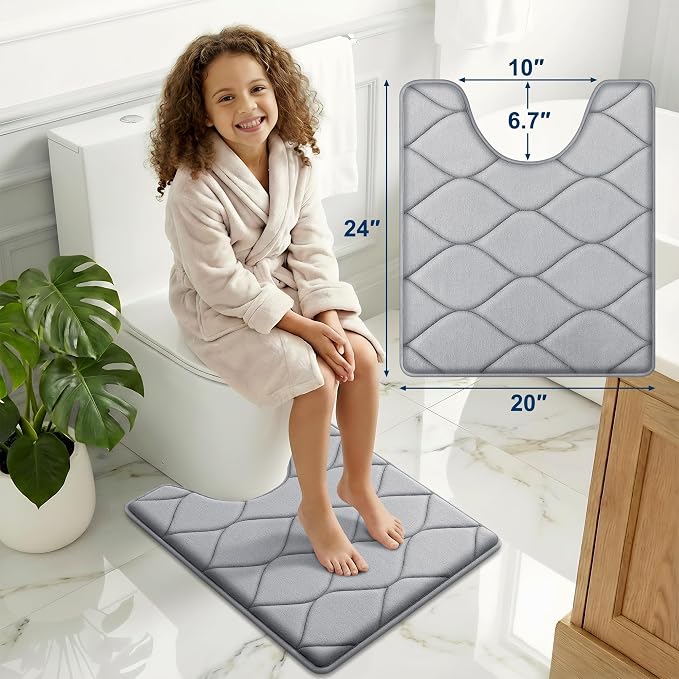 Smiry Memory Foam U-Shaped Toilet Mat 24x20, Soft Absorbent Toilet Rugs | Grey, Plush Quick Dry and Machine Washable Cushion Contour Rug for Toilet, Shower, Tub & Home Decor