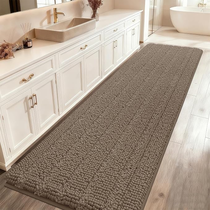 ACCUMTEK Striped Dark Beige Bathroom Rug Mat 44"x24" Ultra Soft, Non Slip Chenille Bath Rugs, Absorbent Plush Shaggy Bath Mats for Bathroom, Bedroom, Kitchen, Shower, Tub,Taupe