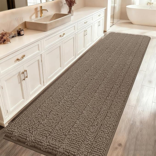 ACCUMTEK Striped Dark Beige Bathroom Rug Mat 44"x24" Ultra Soft, Non Slip Chenille Bath Rugs, Absorbent Plush Shaggy Bath Mats for Bathroom, Bedroom, Kitchen, Shower, Tub,Taupe