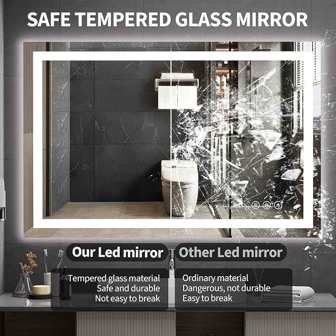 Koonmi 42x36 LED Bathroom Mirror with Light, Anti-Fog, 3 Colors | Backlit + Front Lit, Dimmable Brightness, Shatterproof HD Distortion-Free Tempered Glass, Hardware Included