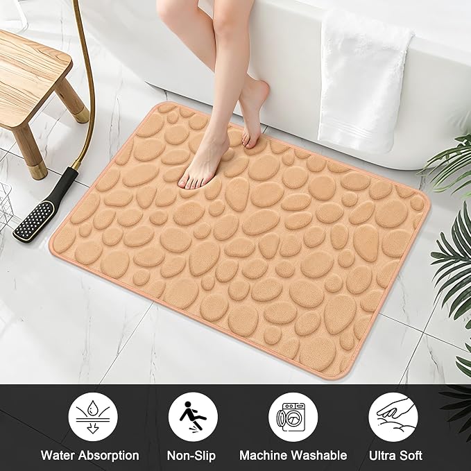 Stone Bath Mats, Non-Slip Memory Foam Bathroom Rug, 24x36 Khaki | TPR Rubber Backing,Ultra Soft,Highly Absorbent,Machine Washable,Quick Dry for Tub and Shower, Home Decor Accessories
