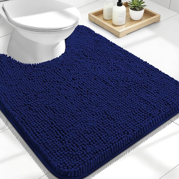 OLANLY Toilet Rugs U-Shaped 24x20, Soft Absorbent Chenille Contour Rugs | Navy, Quick-Drying Rubber Backing, Machine Washable Non-Slip Shaggy Bathroom Mat for Toilet, Home Decor Accessories