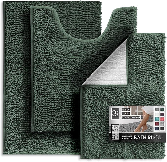 Hearth & Harbor Bathroom Rugs, Chenille Bath Mat - Machine Washable Bath Mats for Bathroom Non-Slip Backing Rubber, Quick Dry Mat - Hunter Green Bath Rug, 17x24-20x32-20x24