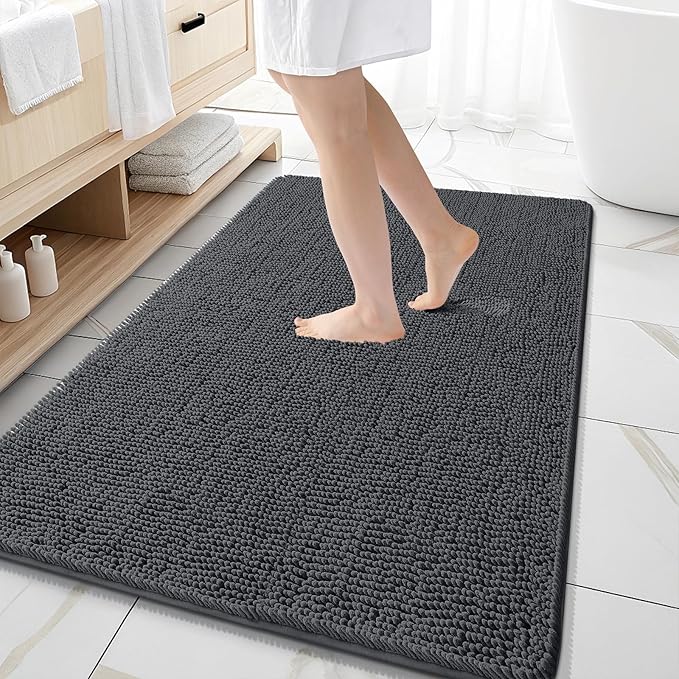 OLANLY Large Bathroom Rugs 59x35, Extra Soft Absorbent Chenille Bath Rugs | Dark Grey, Quick-Drying Rubber Backing, Machine Washable Bath Mat for Bathroom Floor, Tub and Shower, Home Decor Accessories