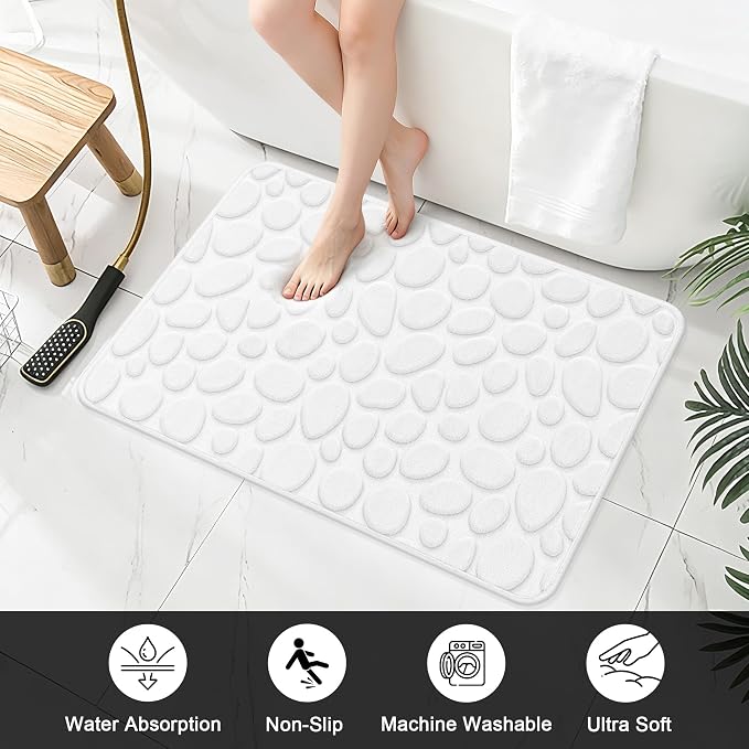 Stone Bath Mats, Non-Slip Memory Foam Bathroom Rug, 16x24 White | TPR Rubber Backing,Ultra Soft,Highly Absorbent,Machine Washable,Quick Dry for Tub and Shower, Home Decor Accessories