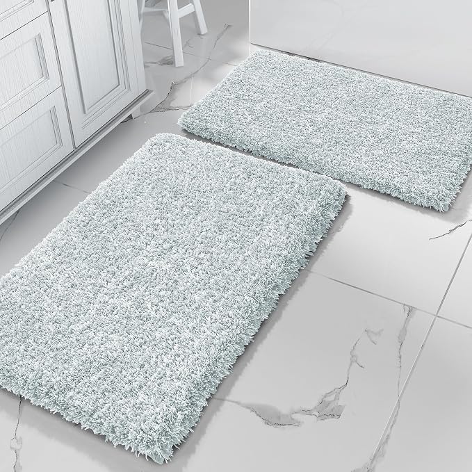 Yimobra Bathroom Rugs Sets 2 Piece, 32x20+24x17, Sky Light Blue & White | Soft Absorbent Microfiber Bath Mat Set, Non Slip, Machine Washable Quick Dry, Plush Shaggy Shower Rugs for Bathroom Floor