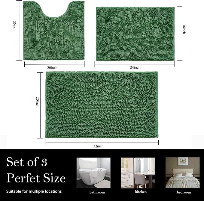 Bathroom Rugs Chenille Bath mat 3 Piece Set, Super Absorbent, Strong PVC Non Slip Backing, Bath mats for Bathroom, Plush Shaggy, Thick, Machine Washable, Bathtub, Toilet, Deep Green