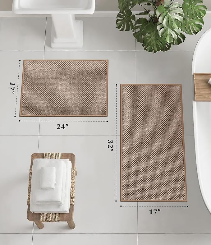 YIHOUSE Thin Bath Mat Khaki Bathroom Rugs Sets 2 Pieces, Non Slip Absorbent Mats Quick Dry, Woven Rugs Washable, Tapetes para Baño for Bathroom Toliet,Bathtub(17"x24"+17"x32")