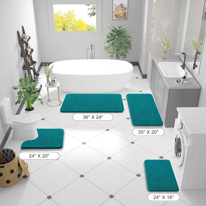 OLANLY Bathroom Runner Rugs 44x24, Soft Absorbent Chenille Bath Rugs, Rubber Backing Quick Dry, Machine Washable Long Bath Mats for Bathroom Floor, Tub and Shower, Home Decor Accessories, Deep Lake | Deep Lake, Quick-Drying Rubber Backing, Washable Lon...