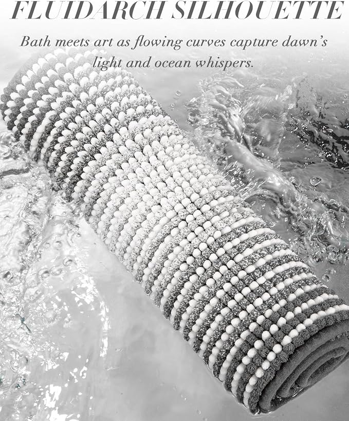 Large Chenille Bathroom Rugs, 24x43 Striped Bath Mats, Grey | Non Slip Backing, Extra Soft Absorbent, Quick Dry Machine Washable, Shower Rug for Bathroom Floor, Tub, Bedroom Decor