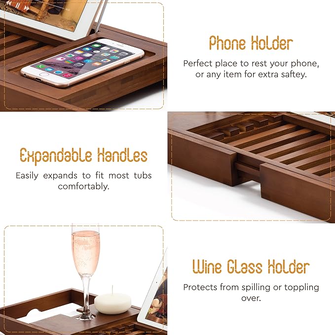 Bamboo Bathtub Caddy Tray - Expandable Waterproof Spa Bath Tray with Wine Glass Holder, Book/Tablet Stand, and Phone Slot - Non-Slip, Adjustable Handles for Most Tubs (Brown)