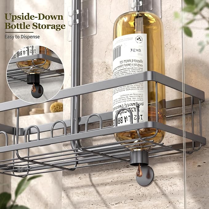 Skyapex Shower Caddy Hanging: Adjustable Height Organizer for Over Showerhead - Rustproof Shower Shelves with Hooks & 2 Soap Holders