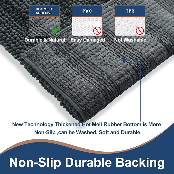 Non Slip Thick Shaggy Chenille Bathroom Rug Sets 2 Piece, Thickened Hot Melt Rubber Bottom Bath Mats for Bathroom, Bath Rugs Quick Dry Machine Washable for Shower (Charcoal Grey, 32"x20" Plus 17"x24")