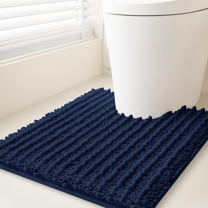 ACCUMTEK Upgrade Luxury Navy Blue Toilet Bathroom Rug Mat 24" x 20" Contour Rug, Ultra Soft Thick Absorbent Bath Mats, Non Slip Chenille Toilet Mat for Bathroom, Bedroom, Kitchen, Shower, Tub
