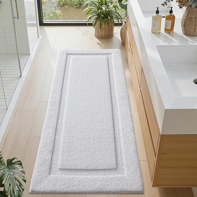 LUMI Ultra Soft Bathroom Runner Rugs, Non Slip Bath Mat 24x60, White | Machine Washable with Rubber Backing, Quick Dry, Premium Microfiber Carpet for Bathtub and Shower Floor