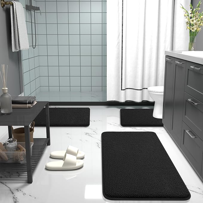OLANLY Thick Memory Foam Bathroom Rugs 35x24, Absorbent Bath Mat, Black | Soft Quick Dry Bath Rugs, Non-Slip, Machine Washable Carpet for Bathroom Floor, Tub and Shower, Home Decor Accessories