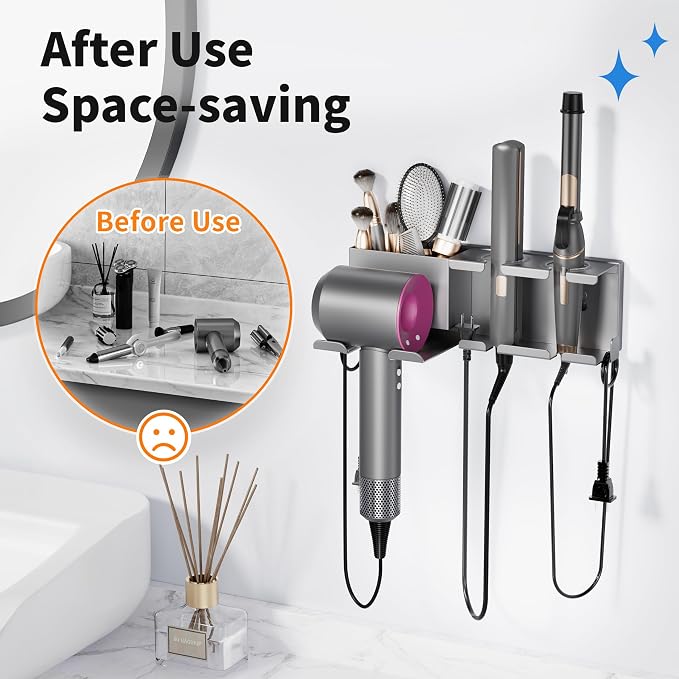 Hair Dryer Holder, Hair Tool Organizer, Blow Dryer Hanger Wall Mount for Dryer Hook, Bathroom Space-Saving Blow Dryer Organizer, Curling Irons Storage Wall Mounted (Gray)