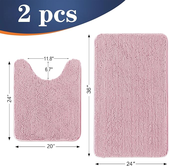 OLANLY Chenille Bathroom Rugs Mats Set 2 Piece, 36"x24"+24"x20", Dusty Rose | Soft Absorbent Bath Mat and U-Shaped Contour Toilet Rug Set, Quick Dry, Machine Washable Bath Carpet, Home Decor Accessories